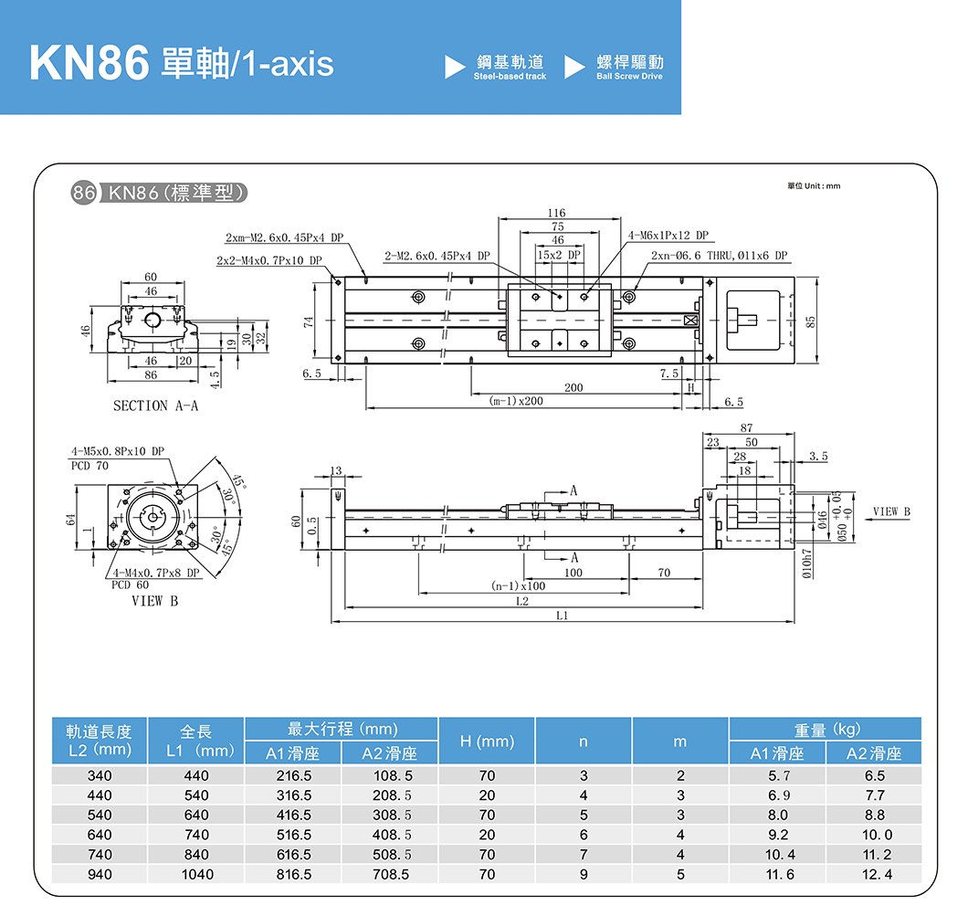KN86 钢基型螺杆滑台 规格图