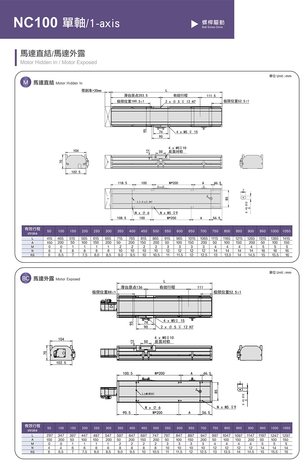NC100 标准螺杆滑台 规格图