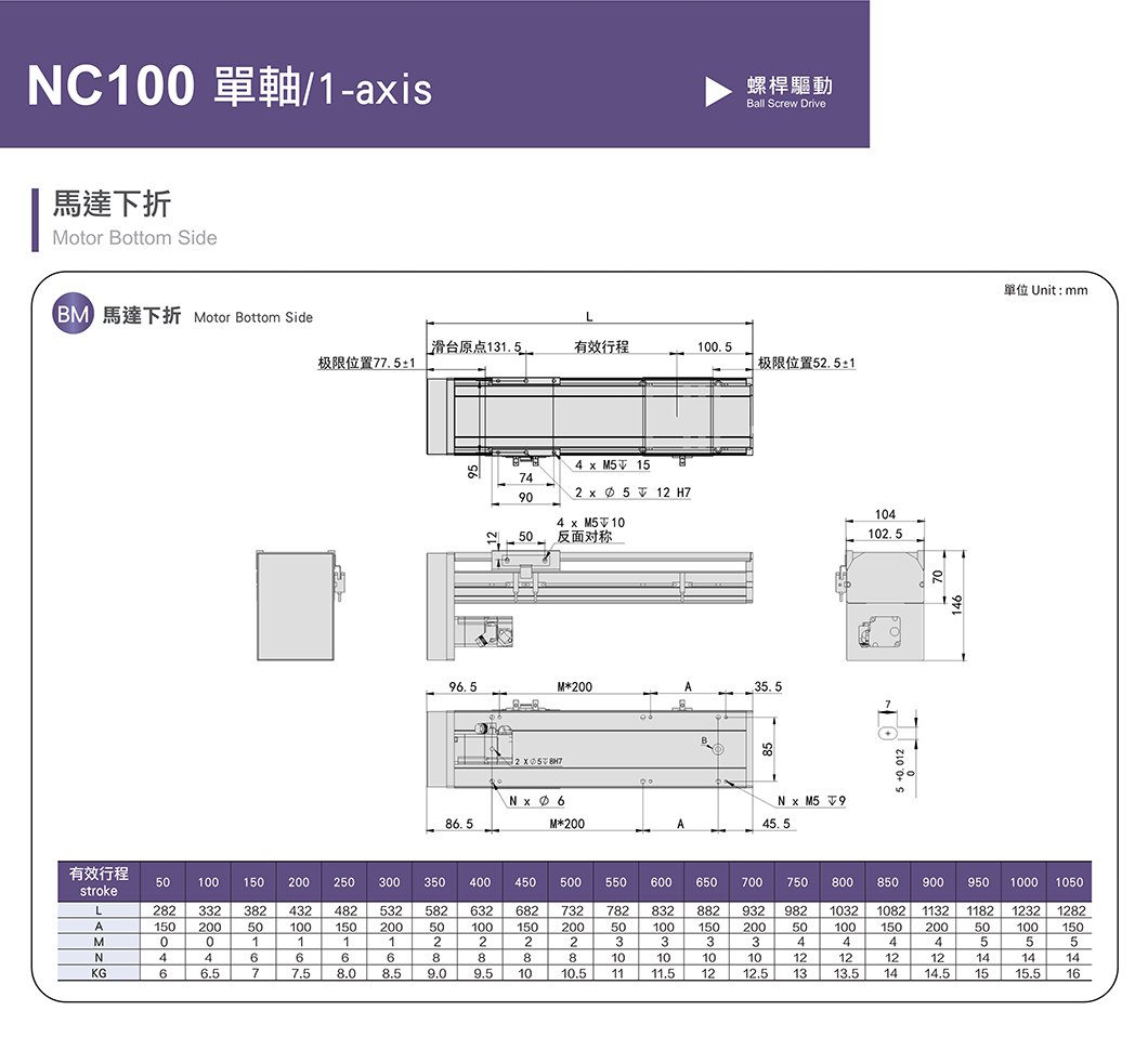 NC100 标准螺杆滑台 规格图