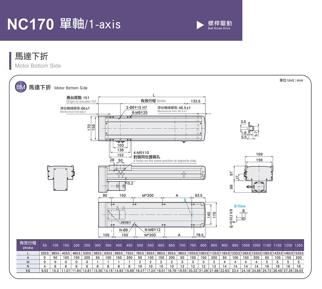 NC170 标准螺杆滑台 规格图