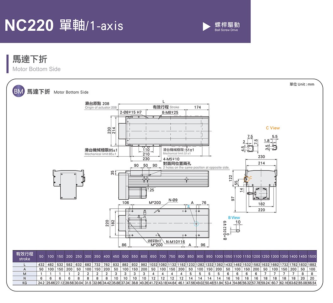 NC220 标准螺杆滑台 规格图