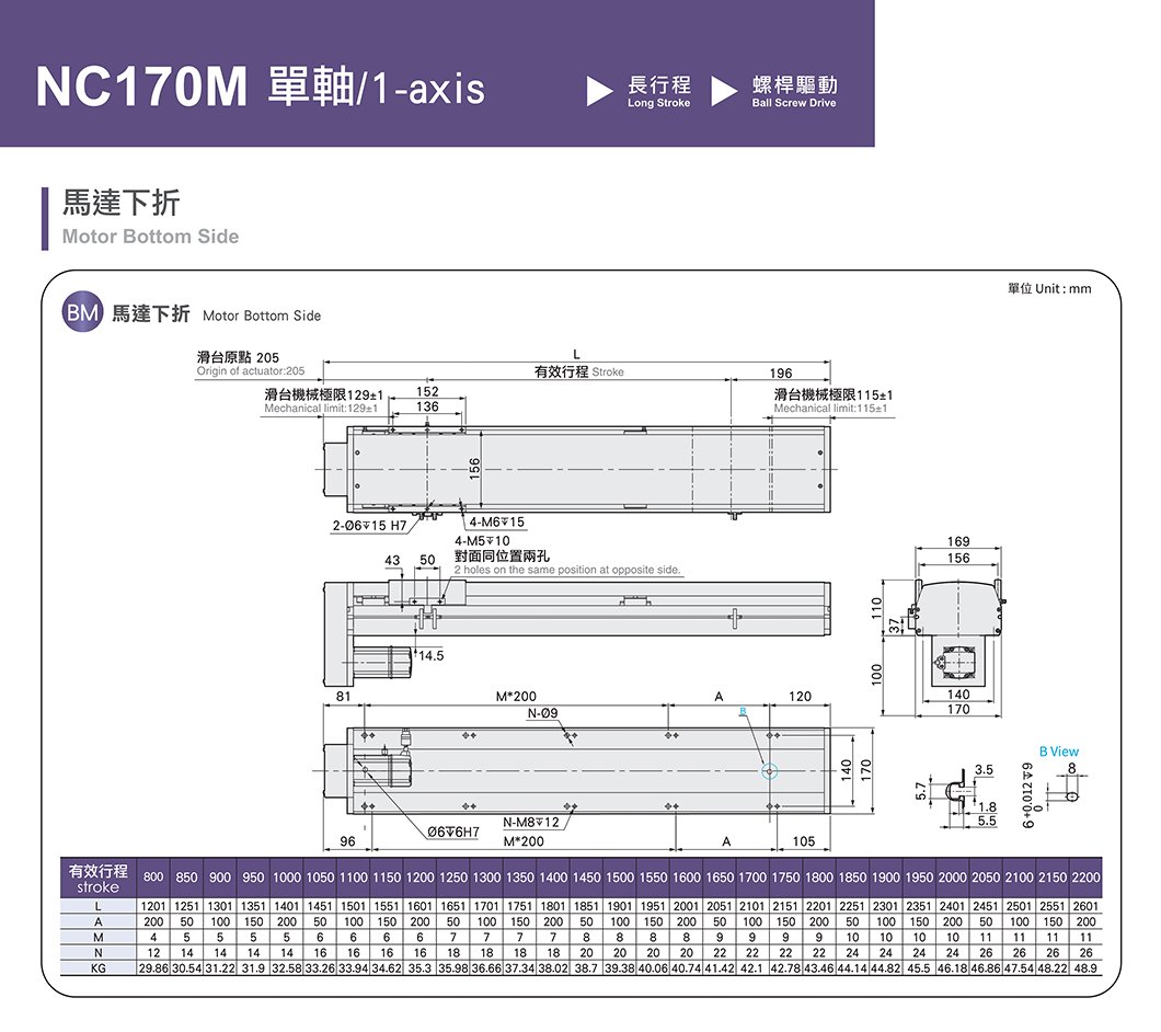 NC170M 标准螺杆滑台 规格图