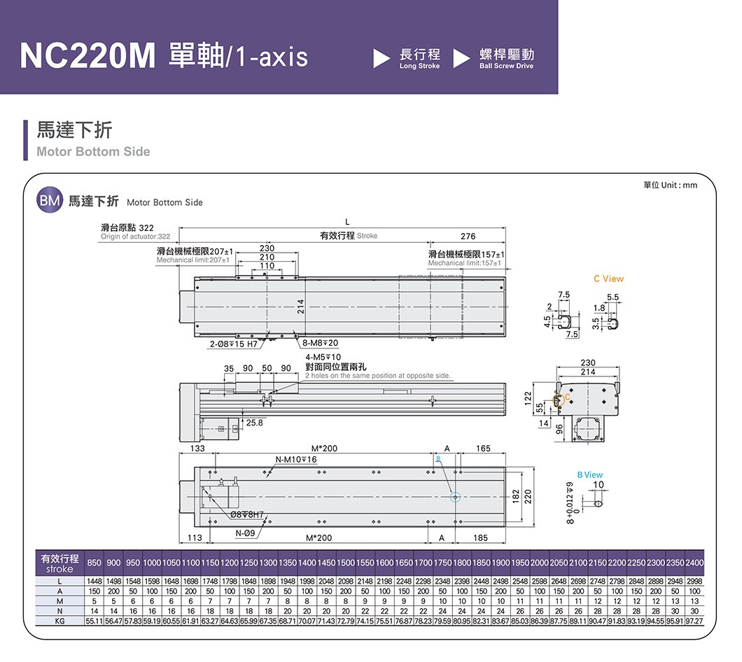 NC220M 标准螺杆滑台 规格图